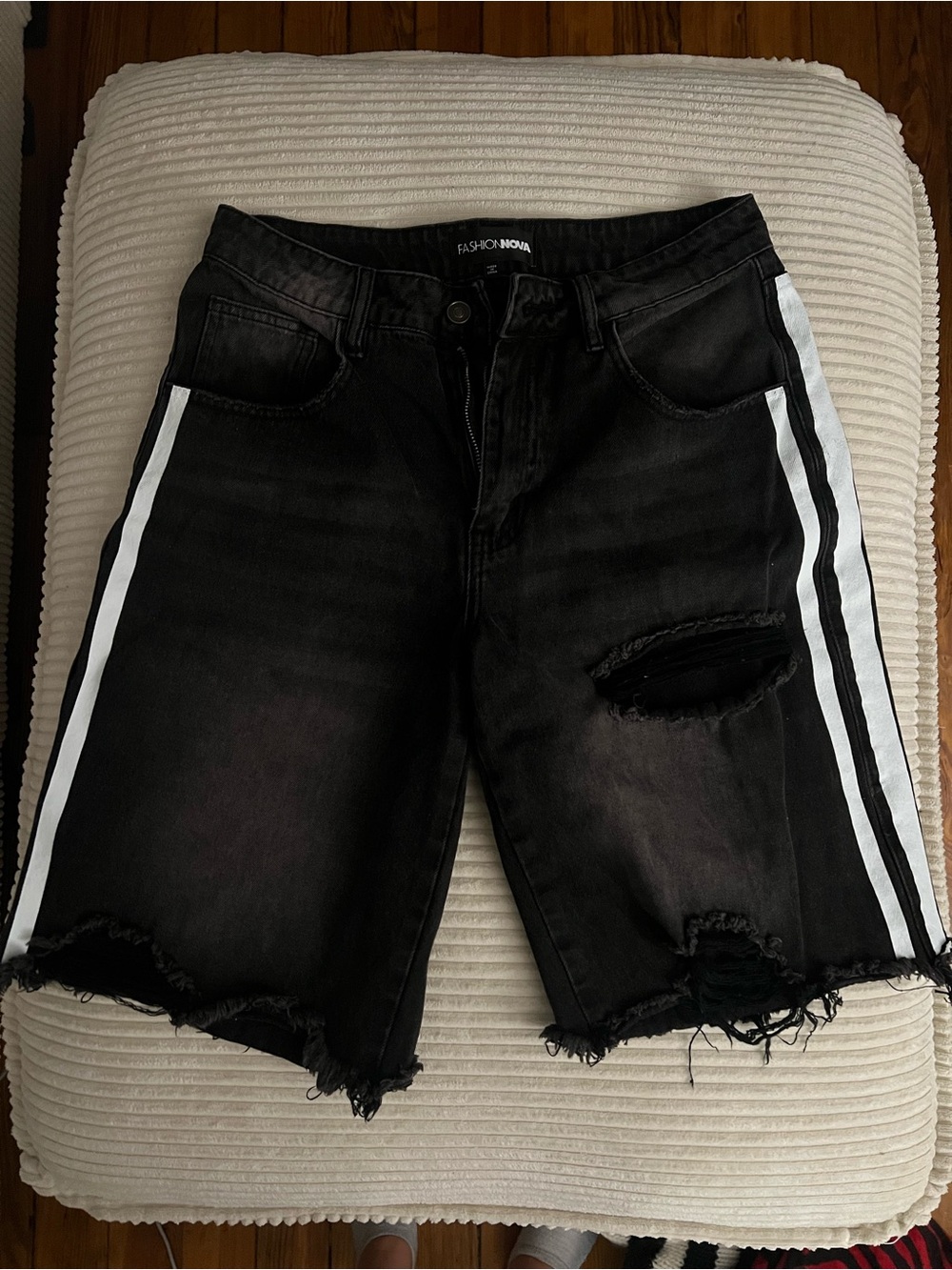 Fashion Nova Black Distressed Denim Jorts with White Side Stripes
